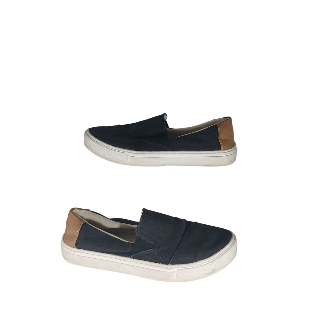 TOMS Black Canvas Slip On Sneakers 7.5 Tan Heel Minimalist Casual